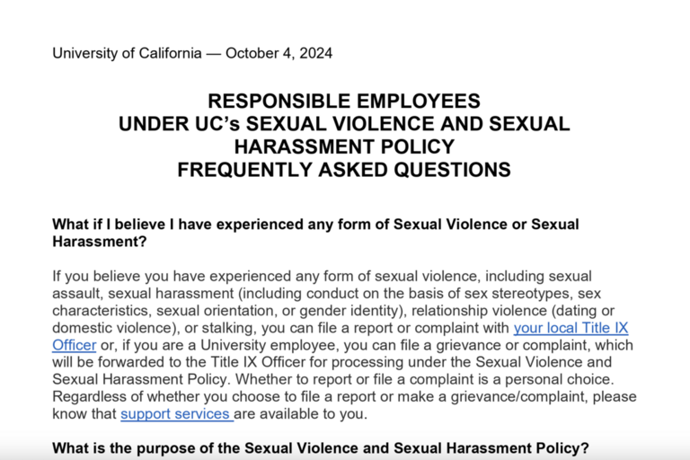 First page of UC Responsible Employees Under SVSH Policy FAQs