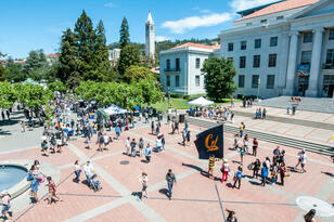 People doing different things on Sproul Plaza, with the Campanile in the background