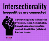  Inequalities are connected. Gender inequality is impacted by racism, class, homophobia, transphobia, discrimination against disabilities (ableism) and other issues. 